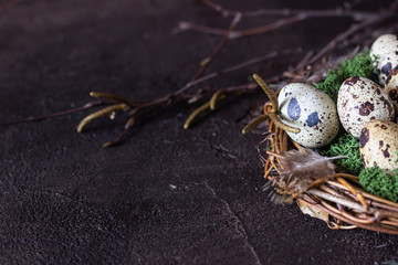 Alternative Easter background with small nest and quail on dark brown stone background.  Eco friendly Easter, zero waste.