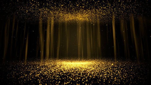 Abstract background shining golden floor ground particles stars dust. Futuristic glittering in space on black background.