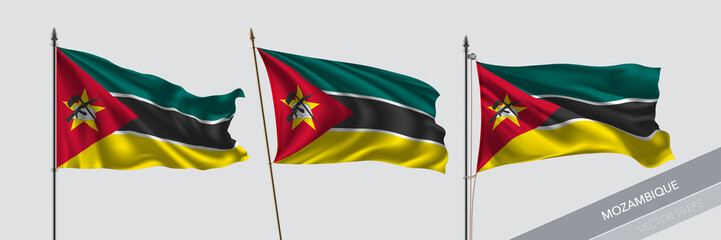 Set of Mozambique waving flag on isolated background vector illustration