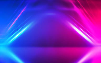 Abstract dark background with blue and pink neon glow. Neon luminous figure in the center of the stage.