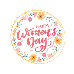 8 march. Happy Woman's Day Vector congratulation card with linear floral wreath