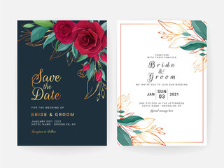 Set of cards with floral border. Navy blue wedding invitation template design of red rose flowers and gold leaves. Botanic illustration decoration for save the date, event, cover, poster vector - obrazy, fototapety, plakaty