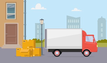 Moving truck and cardboard boxes on city street. Moving House. Transport company. Vector flat illustration.