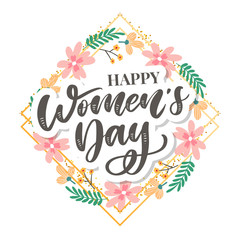 8 march. Happy Woman's Day Vector congratulation card with linear floral wreath