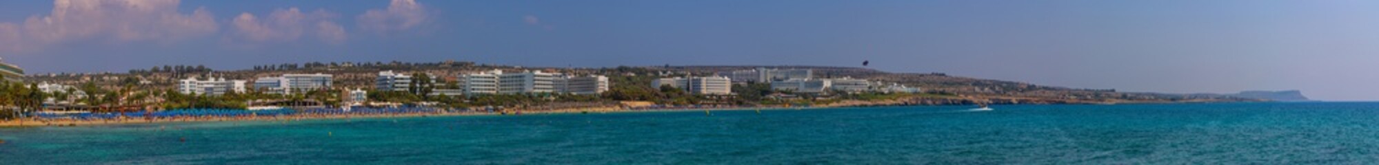 Fototapeta na wymiar Ultra wide panoramic photo of Aiya Napa beaches