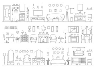 A set of interiors in an outline style. Vector panorama of various rooms and furniture isolated on white background. Flat linear illustration. Horizontal banner.