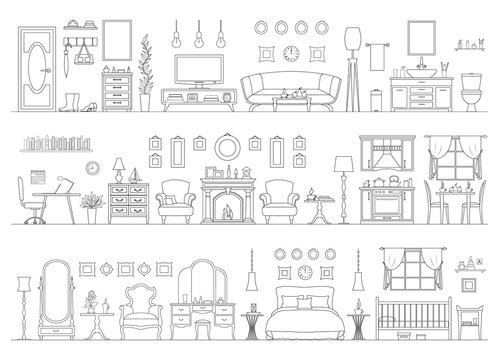 A set of interiors in an outline style. Vector panorama of various rooms and furniture isolated on white background. Flat linear illustration. Horizontal banner.