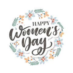 8 march. Happy Woman's Day Vector congratulation card with linear floral wreath