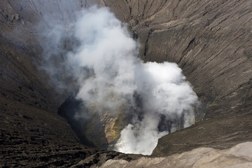 Looking inside Bromo volcano in Java island
