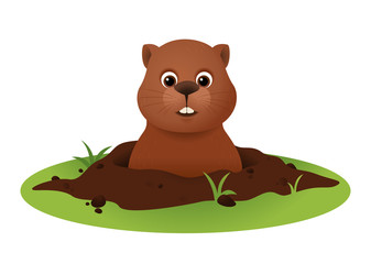 Groundhog Day Vector with Cute Marmot Character in Hole isolated on white