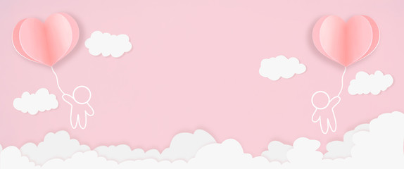 Valentines hearts balloons with people flying and floating on pink sky background. Paper Cut Design Illustration of love for Happy Mother's or Valentine's Day greeting card design.