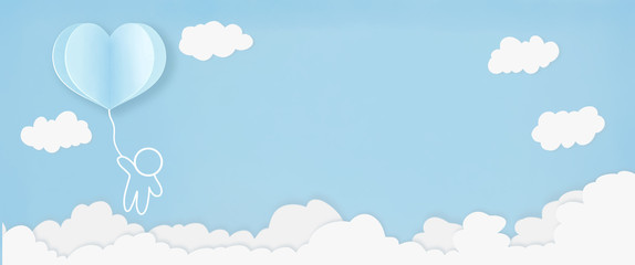 Valentines heart balloon with people flying and floating on blue sky background. Paper Cut Design Illustration of love for Happy Mother's or Valentine's Day greeting card design.