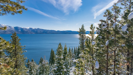 The Lake Tahoe in Nevada and California, panorama of the bay in winter