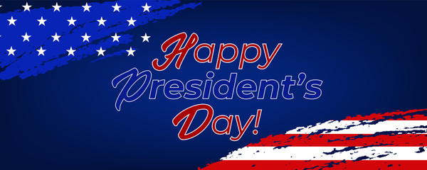 Festive banner, poster for President's Day in blue and red colors with stars and stripes, state symbols and elements of the flag. Happy President's Day phrase