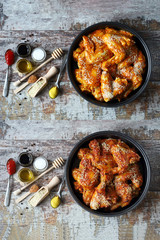 Before after cooking. Chicken wings before and after baking. Chicken wings with sesame seeds. Buffalo Wings.