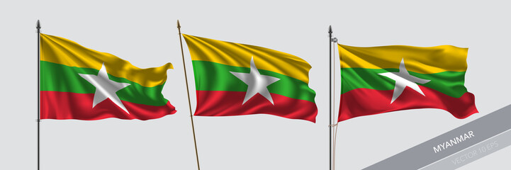 Set of Myanmar waving flag on isolated background vector illustration