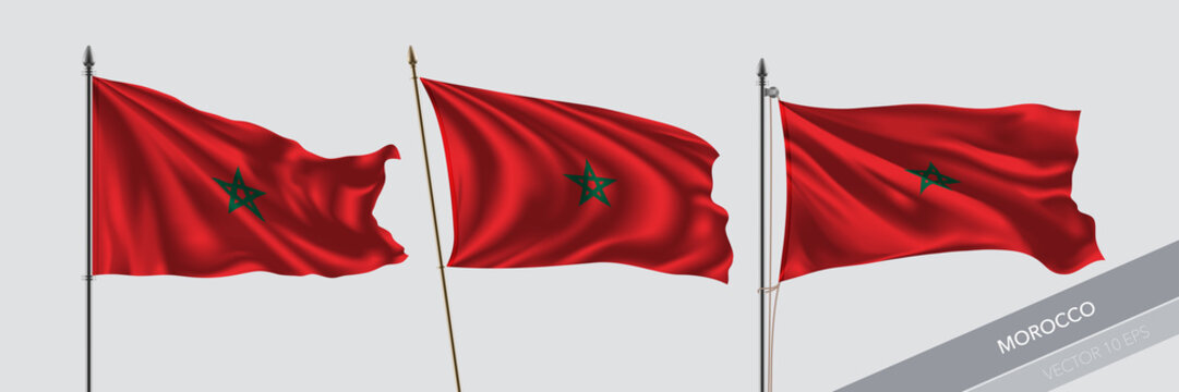 Set of Morocco waving flag on isolated background vector illustration