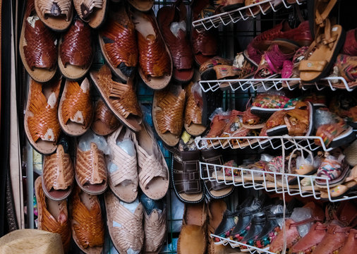 Huarache Shoes, Traditional Mexican Leather Shoes, And Sandals As Sold On The Street In Mexico 