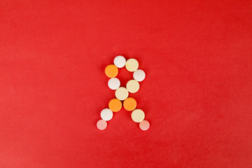 Top down view of arranged ribbon shaped pills
