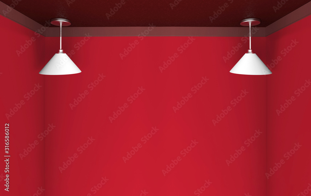 Poster 3d rendering. modern hanging white long lamp with light red color copy space background.
