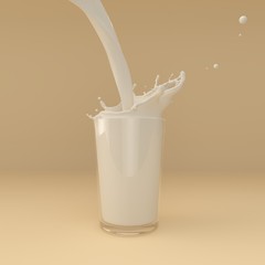 Milk pouring into glass creating splashes on pastel brown background