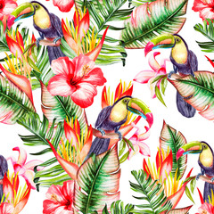 Beautiful watercolor seamless pattern with tropical leaves and bird tukan, hibiscus flowers and strelitzia.  © knopazyzy