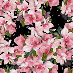 Beautiful pattern with magnolia flowers, leaves and petals. 