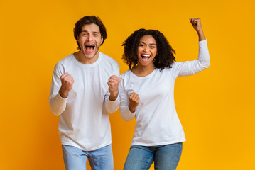 Overjoyed multiracial couple celebrating success with raised fists, exclaiming with excitement - Powered by Adobe