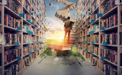 Fototapeta New hidden world behind the library. Books open the mind for imagination obraz