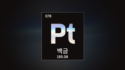3D illustration of Platinum as Element 78 of the Periodic Table. Grey illuminated atom design background with orbiting electrons name atomic weight element number in Korean language