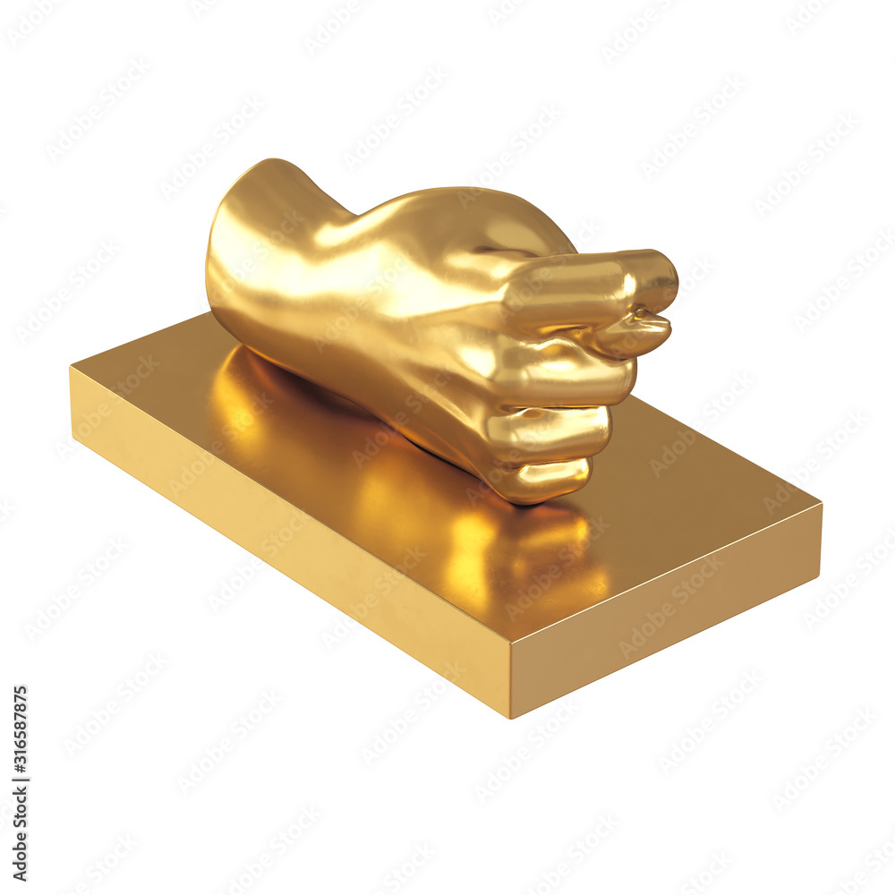 Poster a golden figure in the form of a hand with a thumb stuck between the index and the middle on a white