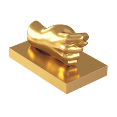 A golden figure in the form of a hand with a thumb stuck between the index and the middle on a white background. 3d rendering
