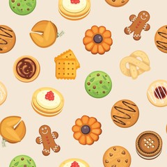 Cookies with jam, gingerbread, chocolate chip cookie, homemade biscuit seamless vector pattern illustration. Cookie background for wrapping, cooking classes and party banner.