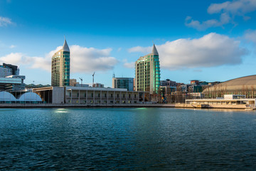 Obraz premium Lisbon, Portugal, view of the Nations Park (Parque das Nacoes) with Vasco da Gama Tower