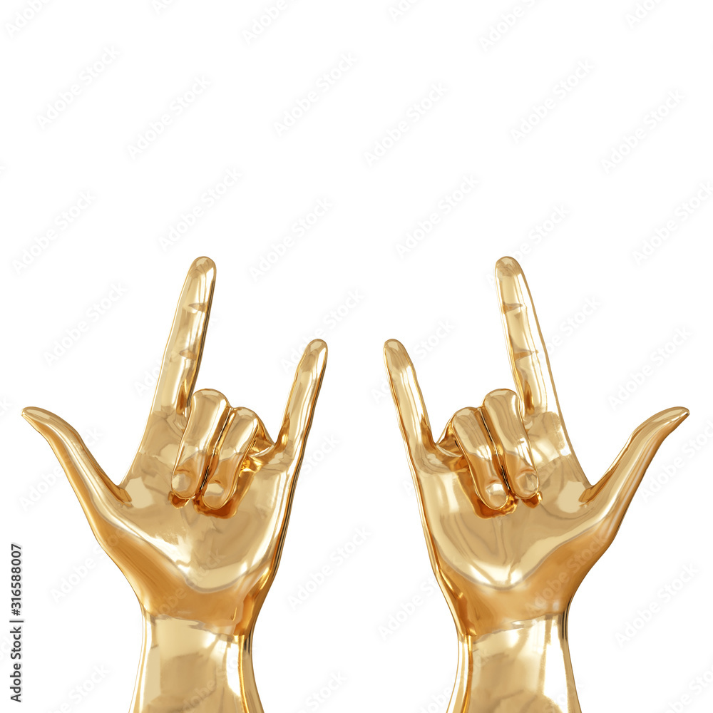Poster two golden hands with three fingers raised up on a white background. front view. copyspace. 3d rende