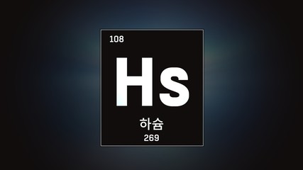 3D illustration of Hassium as Element 108 of the Periodic Table. Grey illuminated atom design background with orbiting electrons name atomic weight element number in Korean language