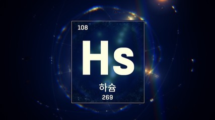 3D illustration of Hassium as Element 108 of the Periodic Table. Blue illuminated atom design...
