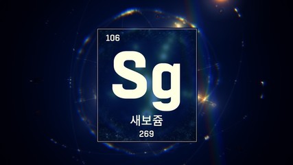 3D illustration of Seaborgium as Element 106 of the Periodic Table. Blue illuminated atom design background with orbiting electrons name atomic weight element number in Korean language