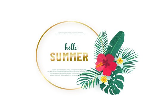 Round Gold Frame With Tropical Hawaii Flower Leaves Bouquet Vector Background. Composition With Exotic Plants In Simple Flat Style For Hello Summer Design. Tropic Element Isolated On White Background