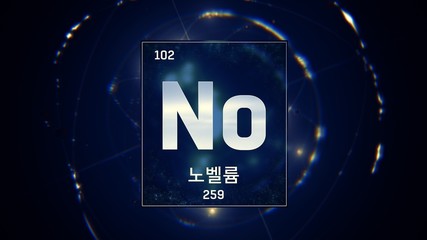 3D illustration of Nobelium as Element 102 of the Periodic Table. Blue illuminated atom design...