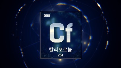 3D illustration of Californium as Element 98 of the Periodic Table. Blue illuminated atom design background with orbiting electrons name atomic weight element number in Korean language