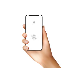 Touch id scanner on cell phone in realistic hand
