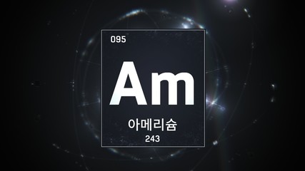 3D illustration of Americium as Element 95 of the Periodic Table. Silver illuminated atom design background with orbiting electrons name atomic weight element number in Korean language