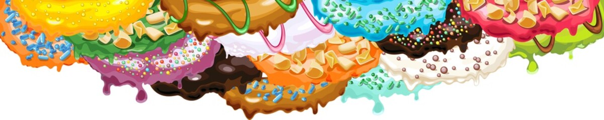 Various kinds of colorful glaze, sprinkles and toppings for donuts and other baked products. Vector Illustration