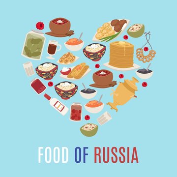 Russian cuisine and national food of Russia in heart shape form vector illustration with caviar, pancakes, borsch soup and vodka. Russian food banner for restaurant or cafe.