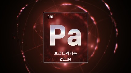 3D illustration of Protactinium as Element 91 of the Periodic Table. Red illuminated atom design background with orbiting electrons name atomic weight element number in Korean language