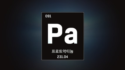 3D illustration of Protactinium as Element 91 of the Periodic Table. Grey illuminated atom design background with orbiting electrons name atomic weight element number in Korean language