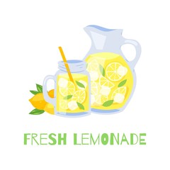 Refreshing lemonade glass jar with straw and pitcher with lemons and ice cubes vector illustration. Fresh lemonade isolated on white background and typography.