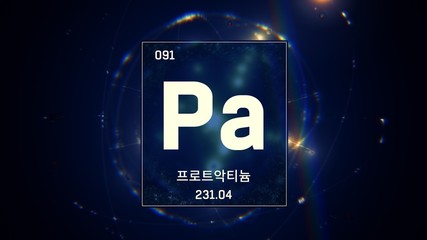 3D illustration of Protactinium as Element 91 of the Periodic Table. Blue illuminated atom design background with orbiting electrons name atomic weight element number in Korean language