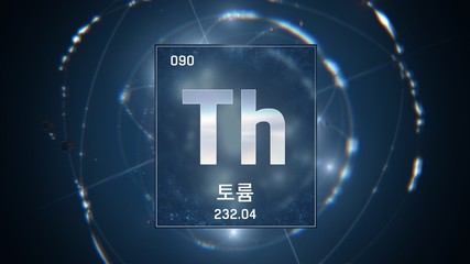 3D illustration of Thorium as Element 90 of the Periodic Table. Blue illuminated atom design background with orbiting electrons name atomic weight element number in Korean language